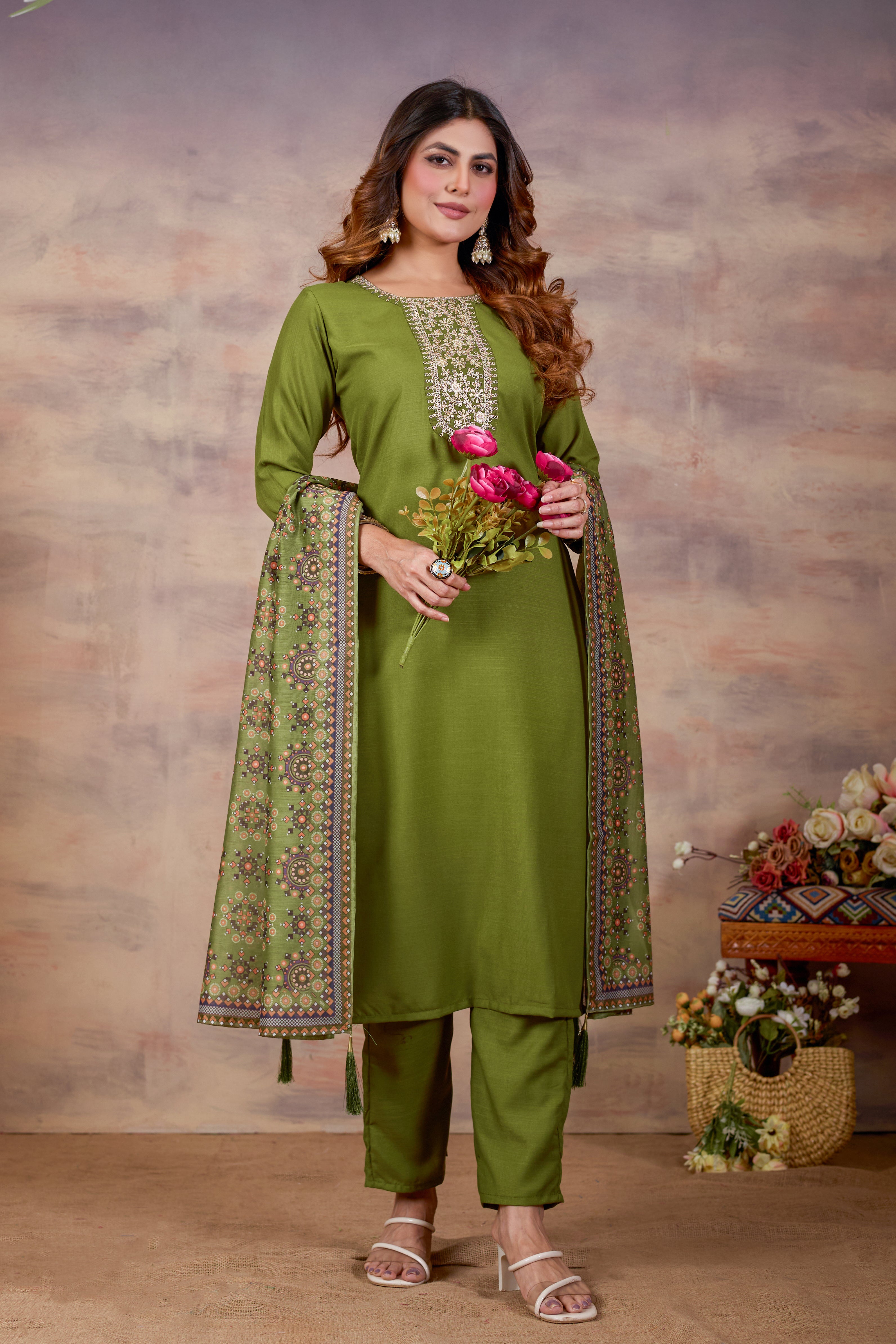 Women Ethnic Embroidered Thread Work Kurta with Trousers & Dupatta.