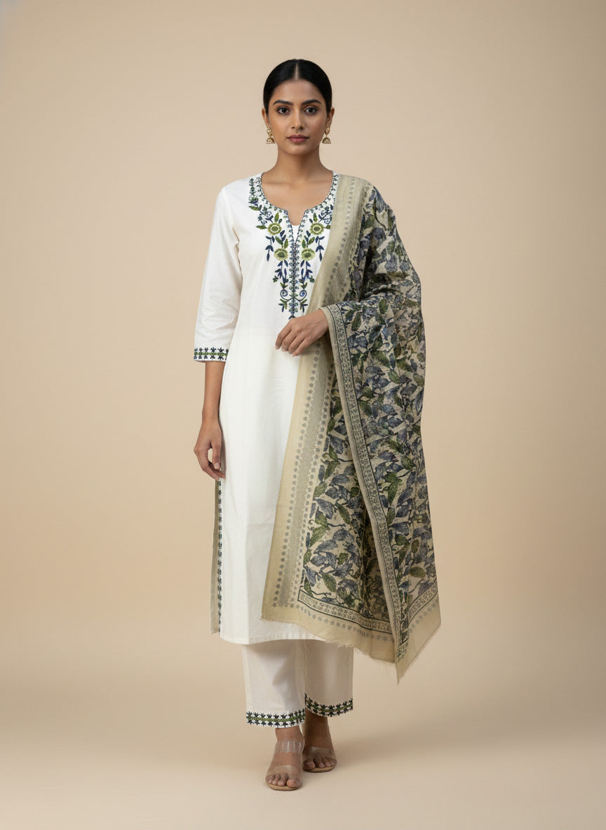 Ivory Khadi Cotton Embroidered Kurti Set For Women