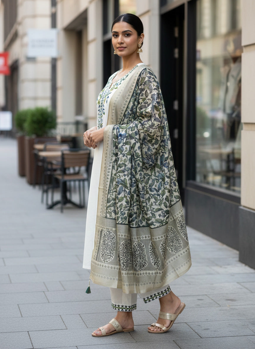 Ivory Khadi Cotton Embroidered Kurti Set For Women