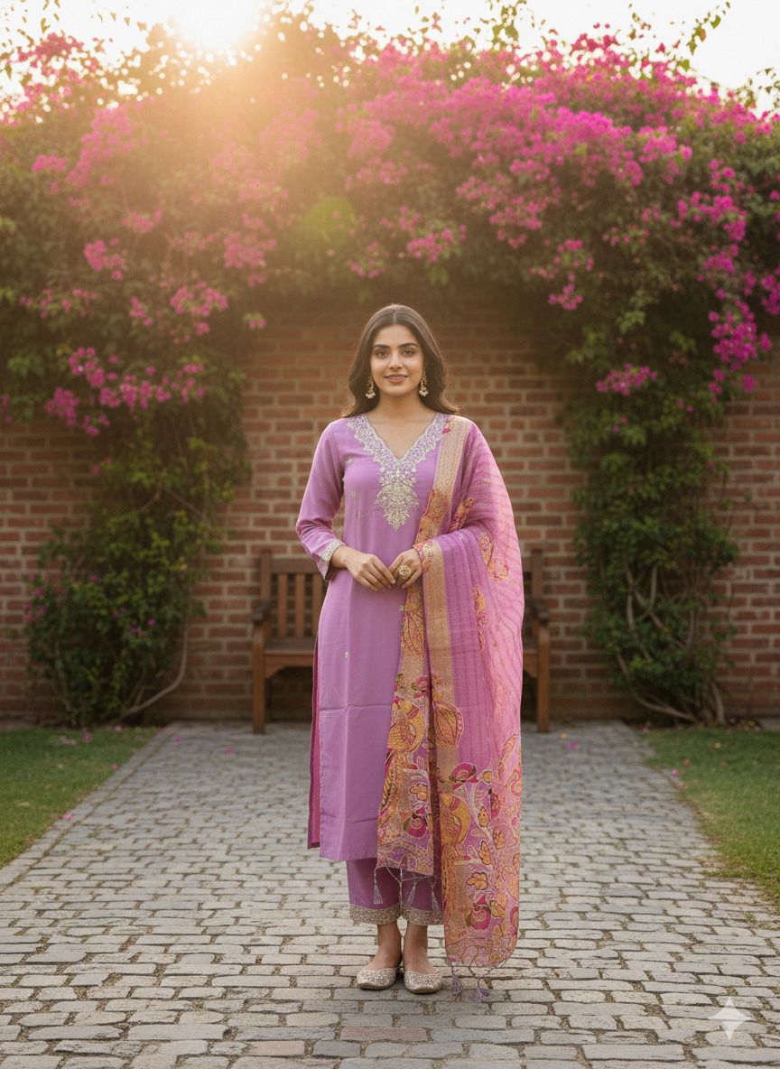 Lavender Roman Silk Kurti Pant Set With Chanderi Dupatta For Women