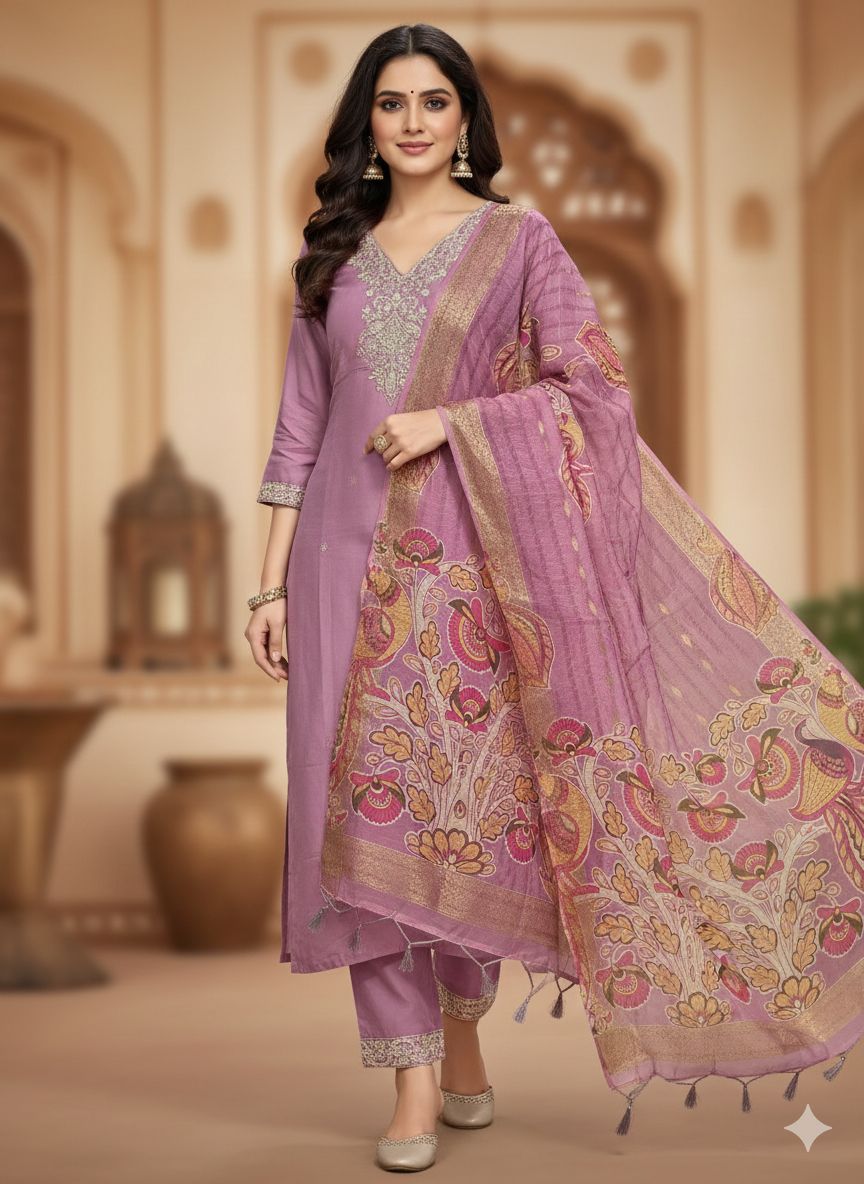 Lavender Roman Silk Kurti Pant Set With Chanderi Dupatta For Women