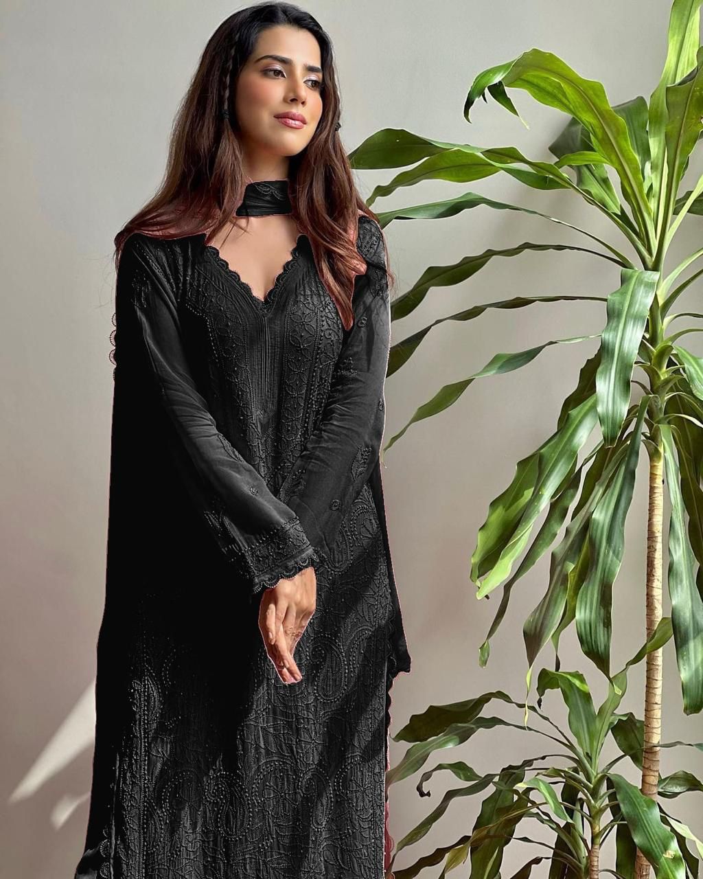 Black Georgette Chikankari Embroidery Kurta With Pant And Dupatta For Women