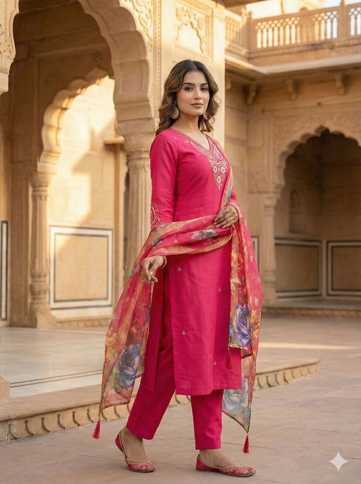 Pink Roman Silk Kurti Pant Set With Chanderi Dupatta For Women