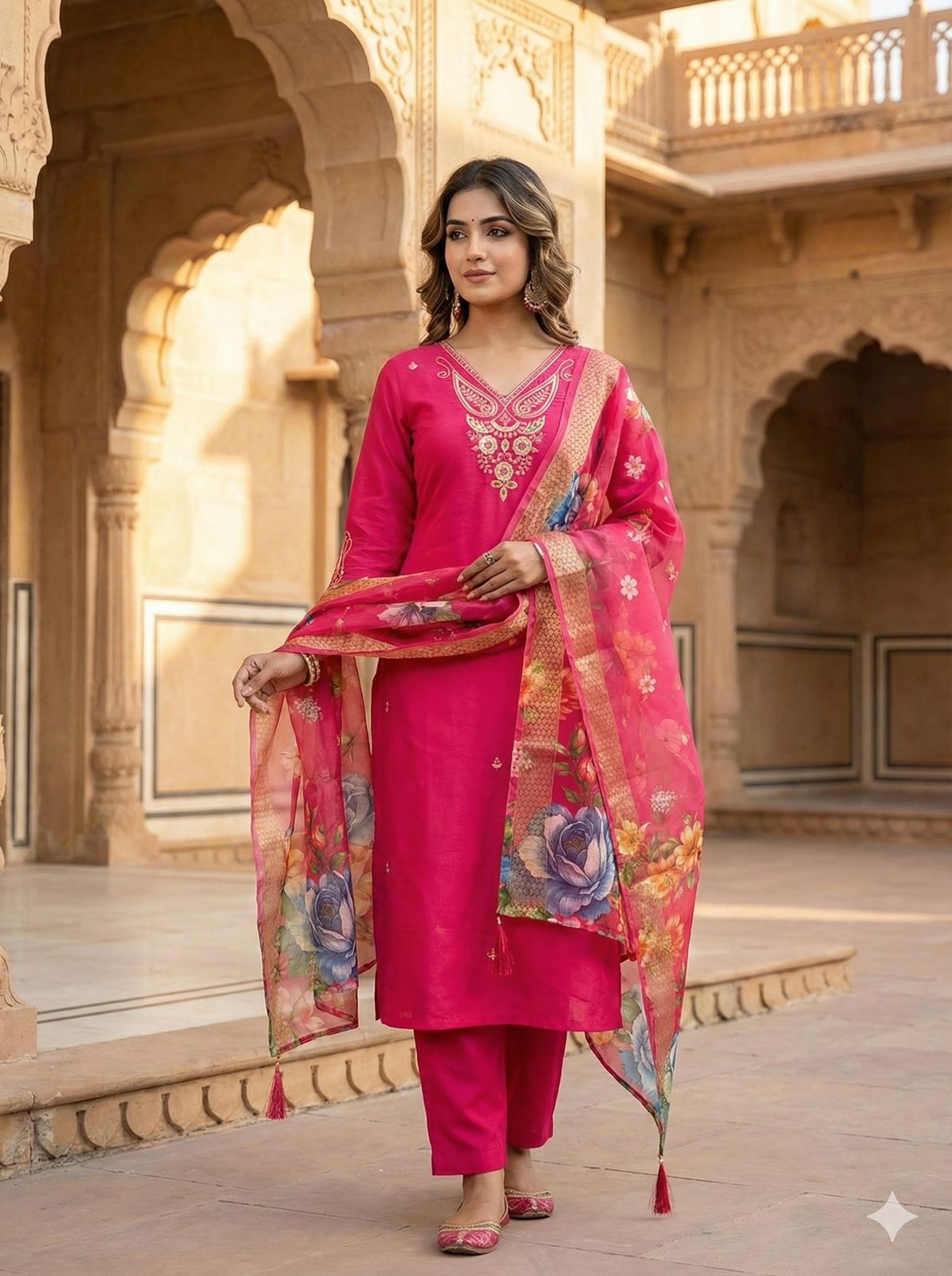 Pink Roman Silk Kurti Pant Set With Chanderi Dupatta For Women