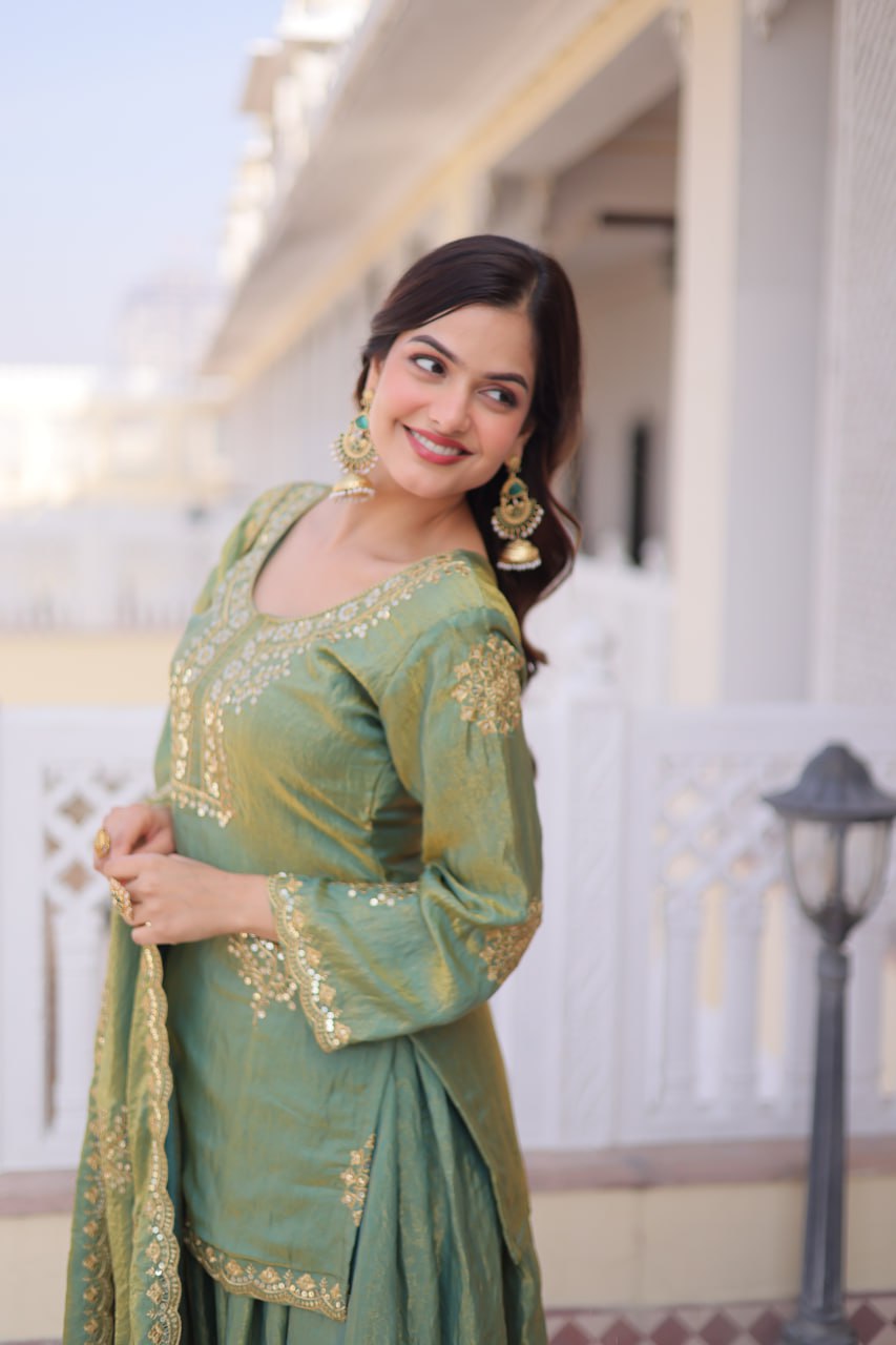 Premium Green Pakistani Sharara Suit With Zari Sequins Work - Festive Ready