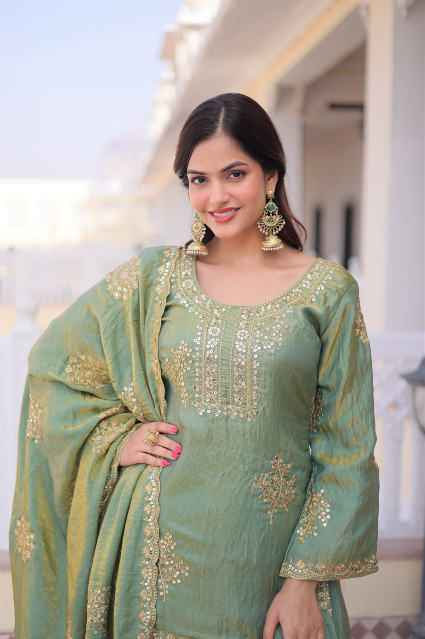 Premium Green Pakistani Sharara Suit With Zari Sequins Work - Festive Ready