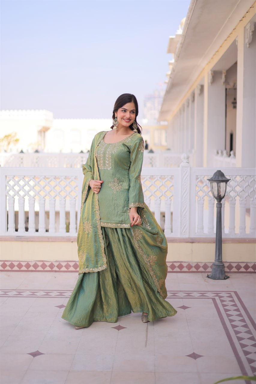 Premium Green Pakistani Sharara Suit With Zari Sequins Work - Festive Ready
