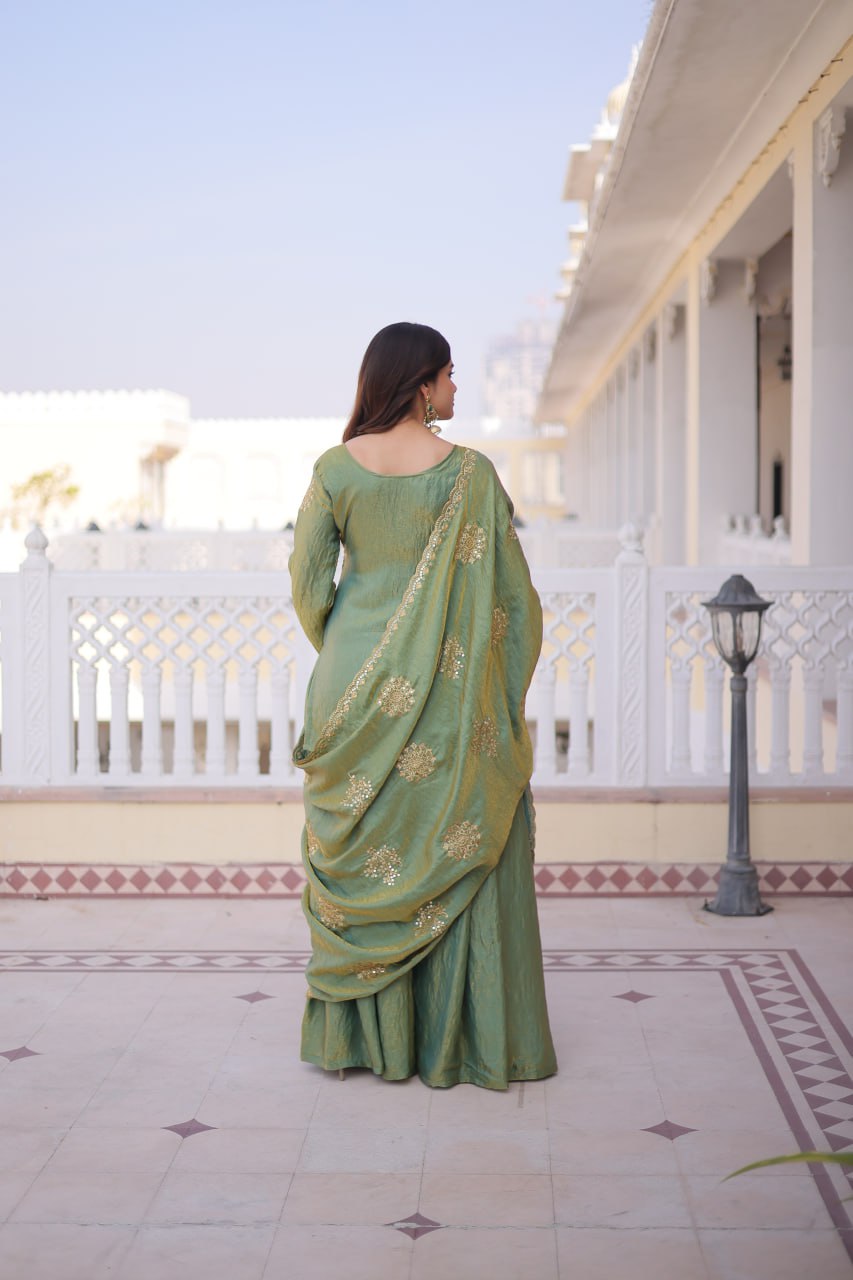 Premium Green Pakistani Sharara Suit With Zari Sequins Work - Festive Ready