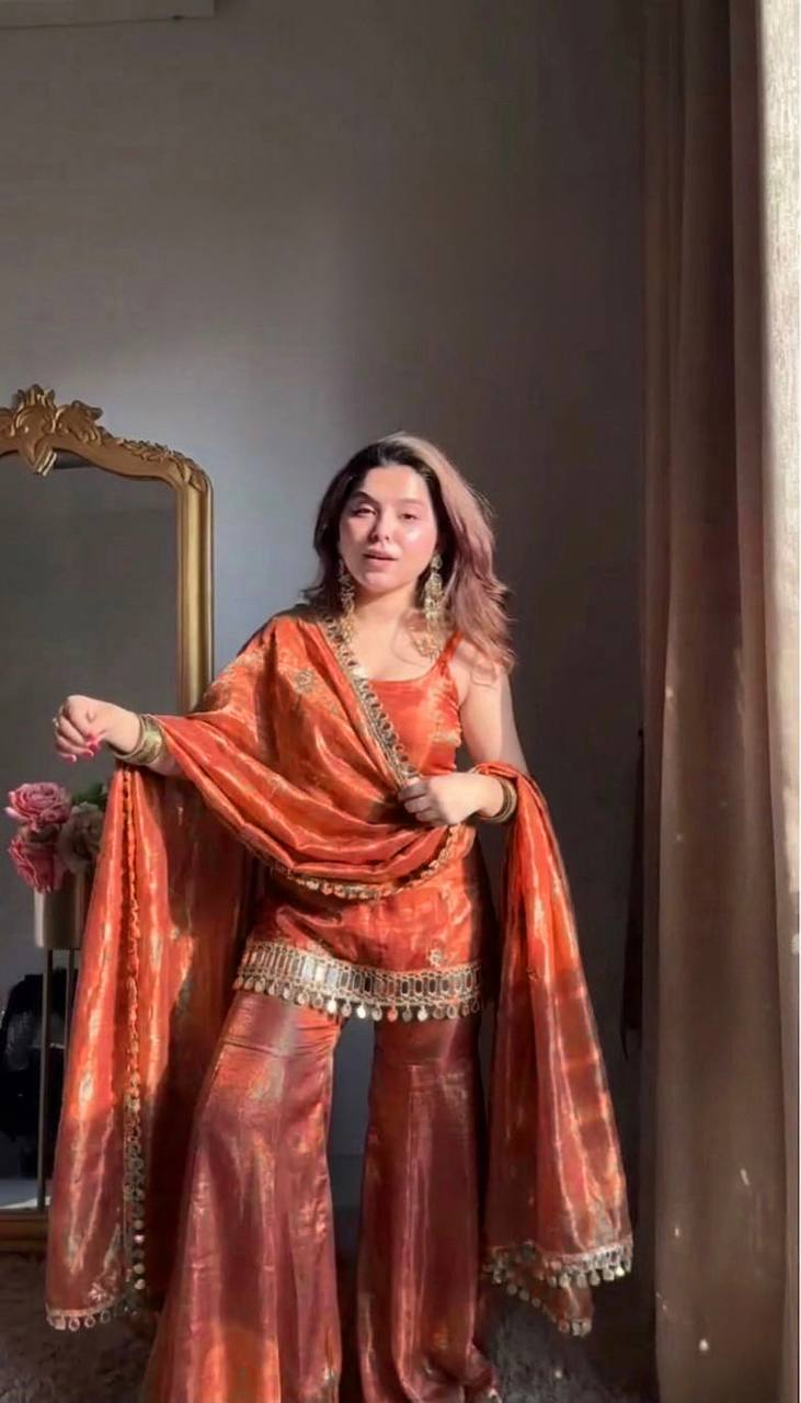 Designer Mirror Work Kurta Palazzo Set for Women – Fendy Silk Party Wear Suit with Dupatta | Wedding, Sangeet