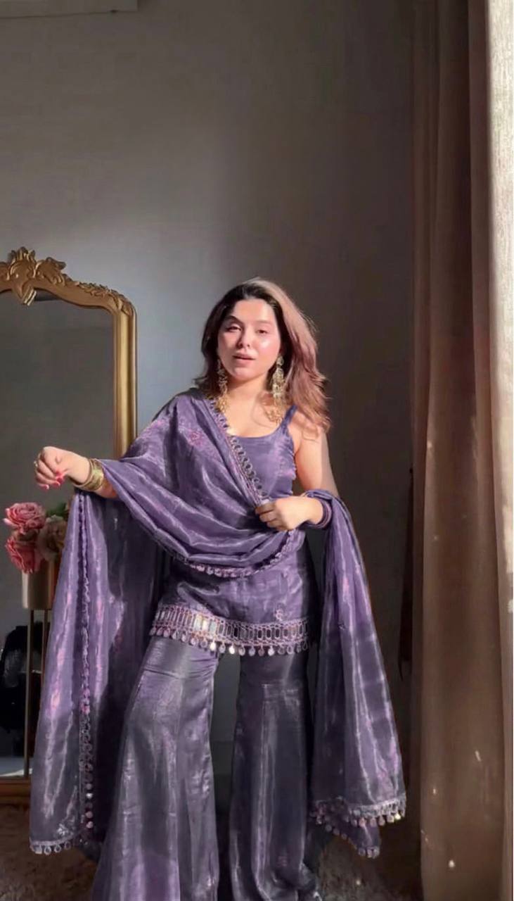 Designer Mirror Work Kurta Palazzo Set for Women – Fendy Silk Party Wear Suit with Dupatta | Wedding, Sangeet