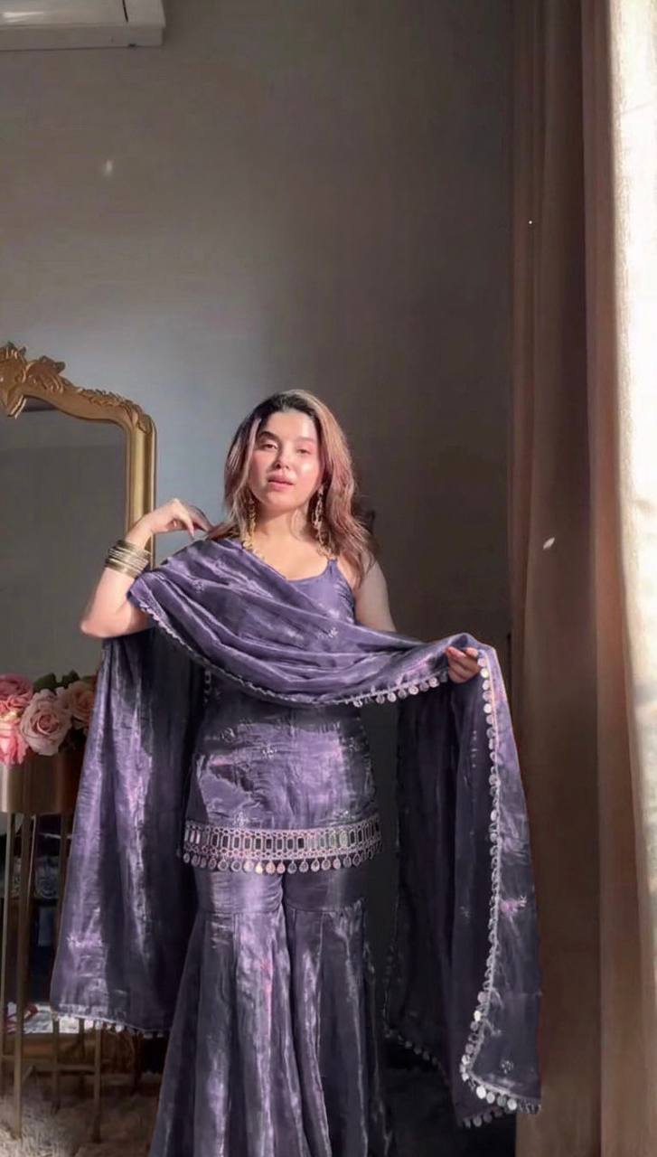 Designer Mirror Work Kurta Palazzo Set for Women – Fendy Silk Party Wear Suit with Dupatta | Wedding, Sangeet