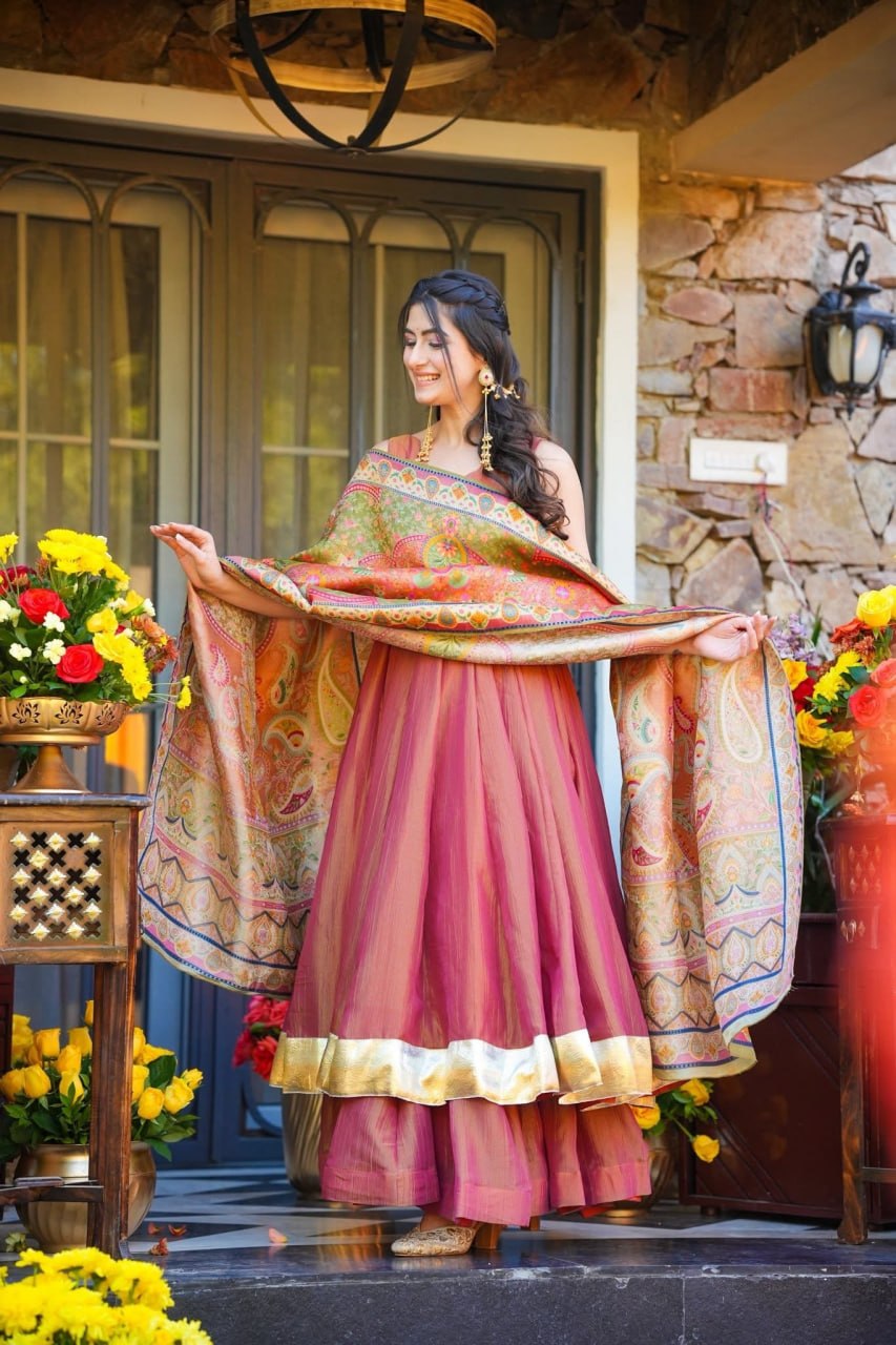 Festive Wear Mehendi Pink Kurti Sharara Set with Designer Dupatta